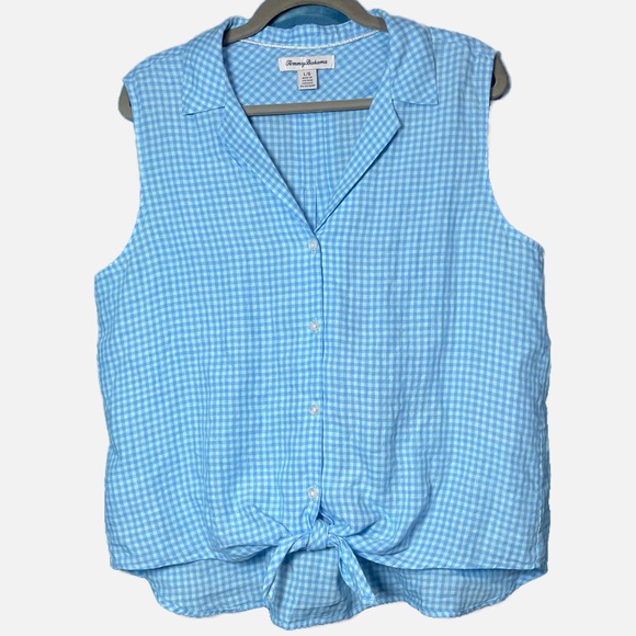 Tommy Bahama Gingham Way Linen Sleeveless Camp Shirt glass bead blue size large - Picture 2 of 5